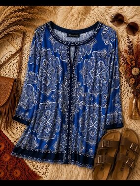 INC International Concepts Blue Paisley-Print Women's Top 3X